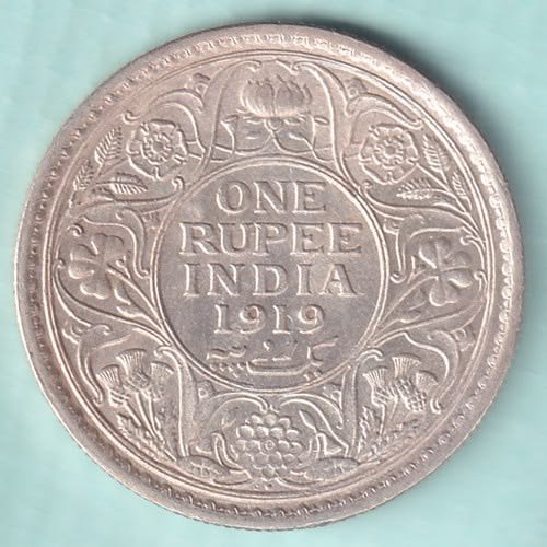 1919 British India One Rupee Silver Coin