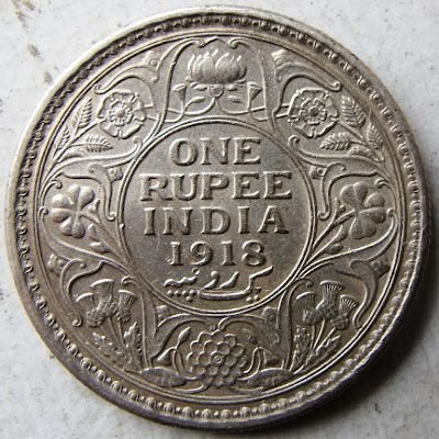 1918 British India One Rupee Silver Coin